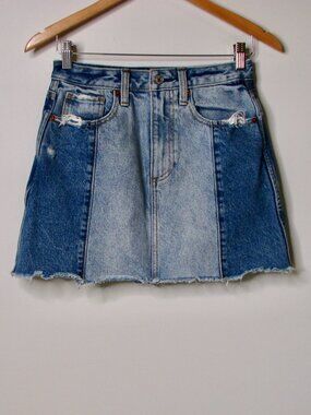 Abercrombie & Fitch Denim Mini Skirt Natural Rise Two Tone Raw Hem Distressed 26
